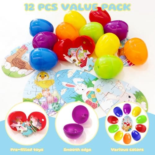 Chris.W Easter Eggs Jigsaw Puzzle Set, 12 Pack Prefilled Plastic Easter Eggs with Mini Puzzles, Egg Hunt Game Toys, Classroom Rewards, Kids Party Favors, Easter Basket Stuffers & Fillers - Thumbnail 6