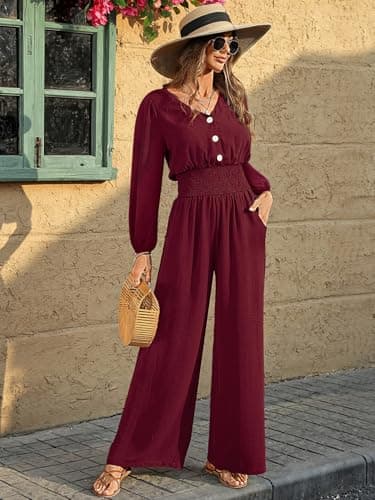 LOOKBOHO Womens Long Sleeve Jumpsuits 2026 V Neck High Waist Wide Leg Romper Dressy Casual One Piece Outfits Wine Red Medium - Thumbnail 6