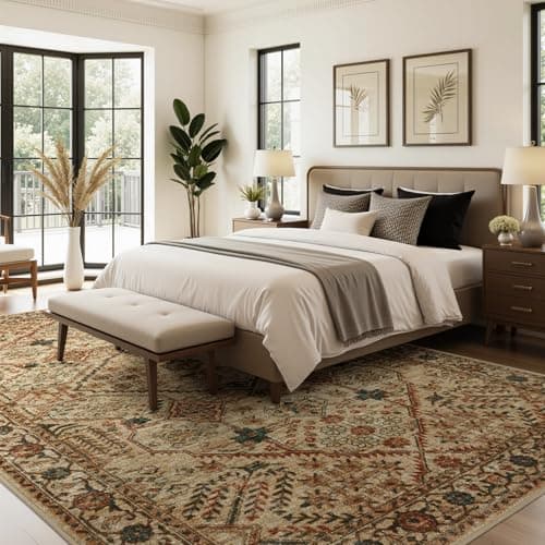 Joydeco 3x5 Area Rugs for Living Room, Non Slip Machine Washable Vintage Rug, Low Pile Chenille Print Rugs for Bedroom, Dining Room, Home Office, Pet & Child Friendly, Tan - Thumbnail 6