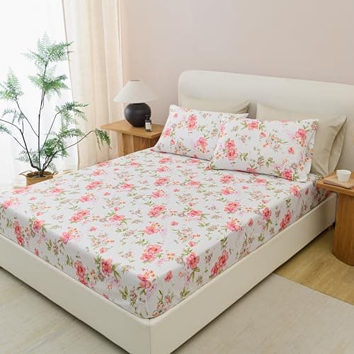 Twin Size Bed Sheets Set Deep Pockets - 6PC Floral Ultra Soft Microfiber Bed Sheets - Easy to Clean, 90 Thread Count Sheets Includes 1 Fitted, 1 Flat, 2 Pillowcases (Pink/Green Floral) - Thumbnail 2