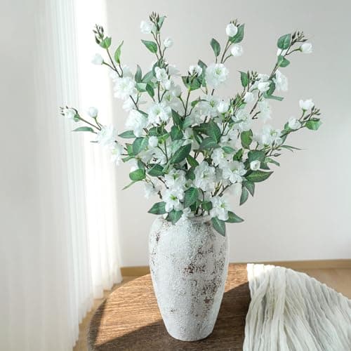 Apeair Artificial Cherry Blossom Branches 6Pcs 28.3" Faux Silk Cherry Blossom, Fake Flowers with Leaves Bouquet Decorations for Home Living Room Bedroom Table Centerpiece Vase Wedding Decor (White C) - Image 1
