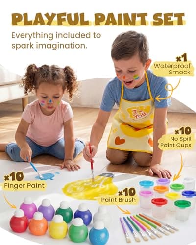JUPITEARTH 10 Colors Washable Paint Set for Kids Ages 3-6, 4.06oz(120ml), Non-Toxic, Includes Brushes, Cups and Apron, Creative Gift for Toddlers and Preschoolers - Thumbnail 2