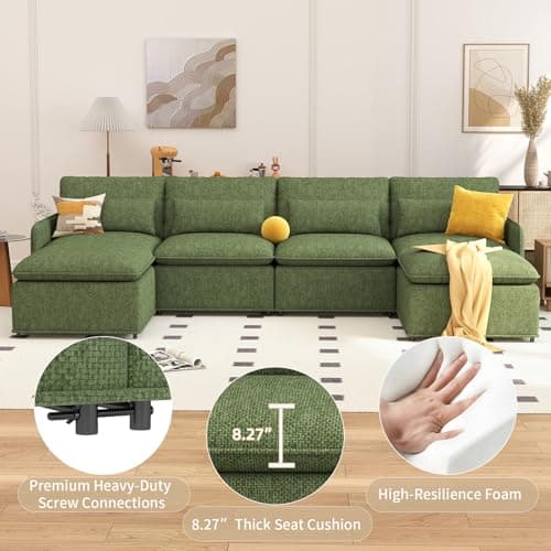 Maakkuu 129" U Shaped Couch, Modular Sectional Sofa with Moveable Ottoman, Large Deep Seat Chenille Sofa for Living Room, Oversized Modern Comfy Couch for Apartment, Office - Thumbnail 5
