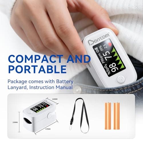 Berrcom Fingertip Pulse Oximeter with LED Display & Multi-Parameter Tracking (SpO2, PR, PI), Fast & Accurate Blood Oxygen Monitor, Includes Batteries & Lanyard (White) - Thumbnail 6
