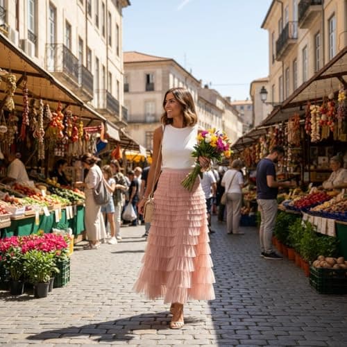 Mincib Womens Long Tulle Skirt A Line Ruffle Tiered Layered Skirts High Waisted Flowy Fairy Maxi Skirts Valentine's Day Gifts Outfit(Pink,L) - Thumbnail 4