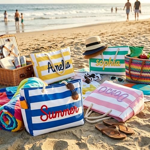 NYLGOXITK Personalized Embroidered Beach Bag, large waterproof crossbody bag with zipper designed for women, ideal gift for beach, pool and travel - Thumbnail 3