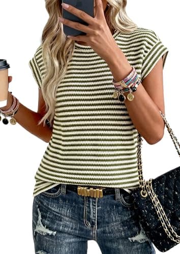 PRETTYGARDEN Women's 2026 Spring Vest Tops Cap Sleeve Striped Shirt Knit Tank Top Summer Beach Vacation Clothes (Striped Green White,Medium) - Image 1