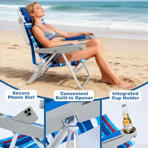 SUNNYFEEL Extra Wide Low Beach Chair 2 Pack 5 Position Lay Flat 500 LBS Heavy Duty, XL Oversized Folding Camping Chairs with Cup Holder for Outdoor/Sand, Portable Backpack Beach Chair for Adults - Thumbnail 4