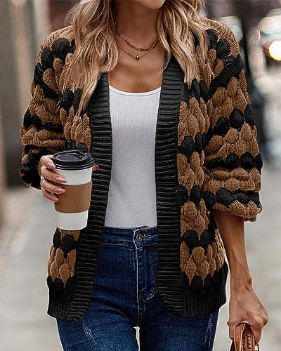 KIRUNDO Women's Cable Knit Sweater Cardigan Open Front Chunky Fall Long Sleeve Color Block Stripe Casual Soft Cardigan Sweater Fall Clothes 2026(Camel, Large) - Thumbnail 4