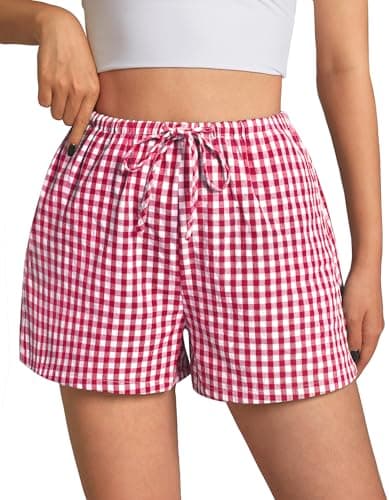 GKBK Boxer Shorts for Women Gingham Pajama 2026 Summer Sets Spring Casual Lounge Sleep Sleepwear Plaid Drawstring Shorts Y2K Beach Bottoms Trendy Clothes Fashion Clothing Red White Plaid XL - Thumbnail 2