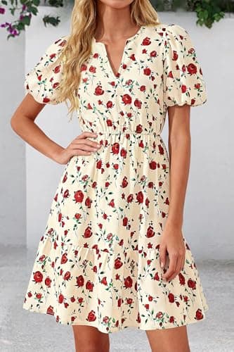dowerme Women Summer Casual Dresses 2026 Puff Short Sleeve V Neck Floral Boho Midi Dress Flowy Ruffle Spring Sundress(Floral Apricot Red,Medium) - Thumbnail 4