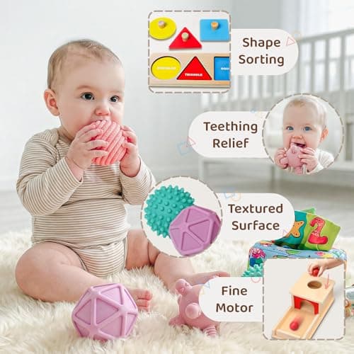 Montessori Toys for Babies 6-12 Months,1 Year Old,8 in 1 Baby Sensory Toy for 12-18 Months Toddler,Wooden Educational Development Toys with Soft Stacking Cup&Sensory Ball&Tissue Box - Thumbnail 2