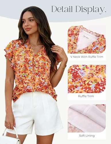 GRACE KARIN 2026 Boho Tops for Women Dressy Casual,Ruffle Sleeve Chiffon Blouses,V Neck Summer Fashion Clothes Orange S - Thumbnail 4