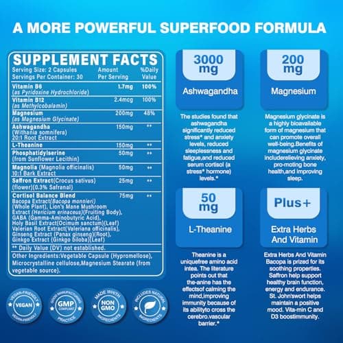 Bvlaue Cortisol Supplements for Women & Men - 15-in-1 Cortisol Reducer Manager Lower w/Ashwagandha,Magnesium,L-Theanine/Saffron Vitamin B6 & B12,60 Vegan CT for Stress Relief Sleep,Mood,Non-GMO - Thumbnail 2