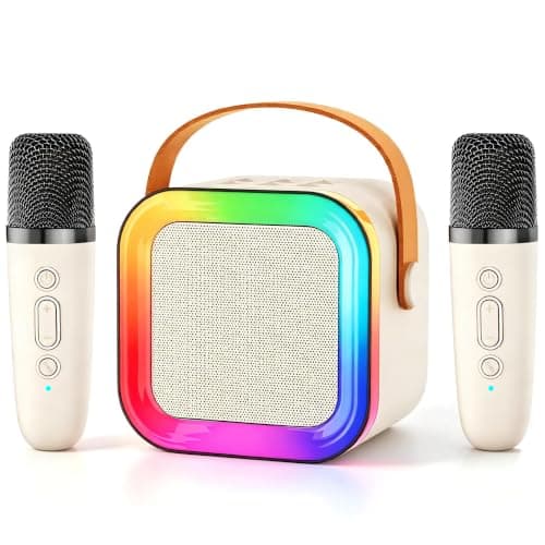 Kids Karaoke Machine Toy for Ages 3-12, Rechargeable Portable Bluetooth Speaker with 2 Wireless Mics, LED Lights Voice Changer, Christmas Birthday Gift for Boys Girls Grandkids (Cream - 2) - Image 1