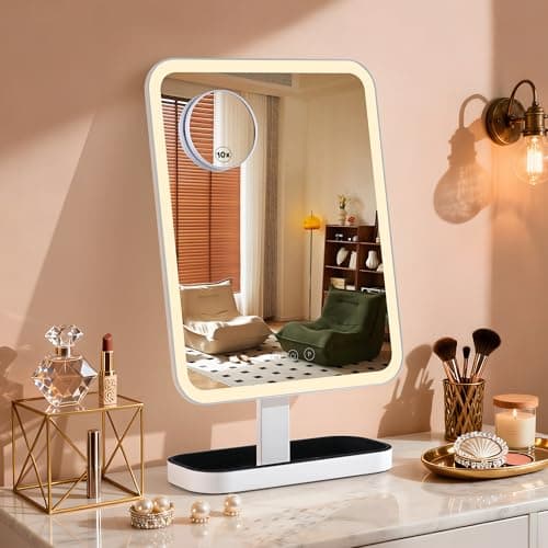 DASLAVA Vanity Mirror with Lights, Storage Hollywood Mirror, 1/10X Magnifing, 3 Colors Lights & Adjustable, Lighted Up Mirror for Makeup Desk, Bedroom, Dressing Room, （19.7" X 12" White） Plug in - Image 1