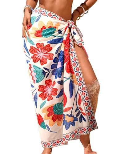 Herseas Women Sheer One Size 2026 Summer Swimsuits Coverups High Slit Sarong Multicolor Floral Print Lightweight Wraps Tie Side Beach Cover Up Versatile Beach Vacation Clothes - Image 1