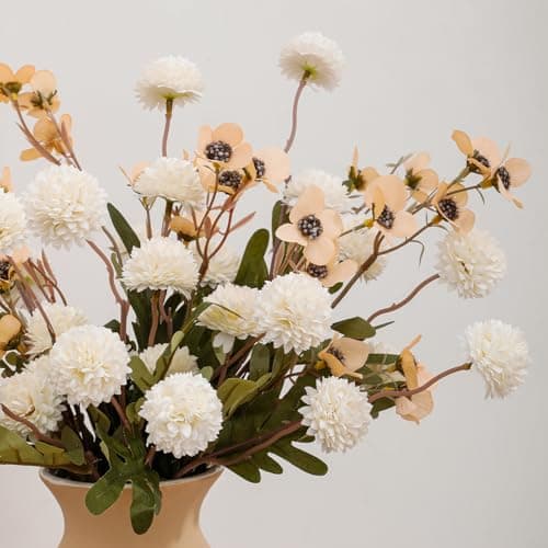 LILUYTO Faux Flowers for Vase,8 pcs Artificial Pom Pom Chrysanthemum Flowers with Wild Flowers,Spring Floral Stems Arrangements for Home Decor, Centerpieces for Tables, Rustic Decorations - Thumbnail 2