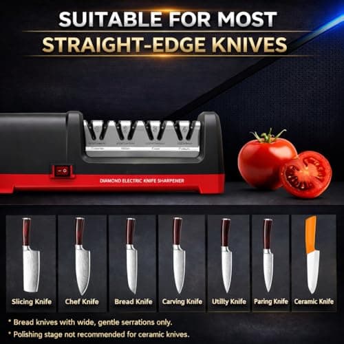 4-Stage Electric Knife Sharpener, Heavy Duty Knife Sharpener with 20° Precision Angle for Straight, Serrated & Ceramic Knives, 100% Diamond Abrasive, Resin Polishing - Thumbnail 4