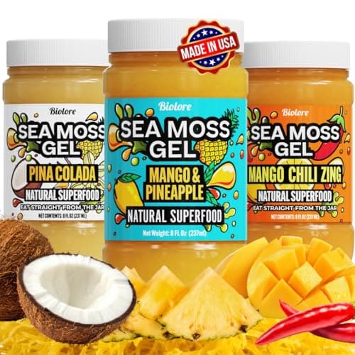 Biolore Sea Moss Gel Set of 3 – Total 24oz – Flavored Superfood with Natural Electrolytes – Mango-Pineapple, Pina Colada, Mango Chili – Wildcrafted Mango Jam Sea Moss – Minerals, Vegan, Made in USA - Image 1
