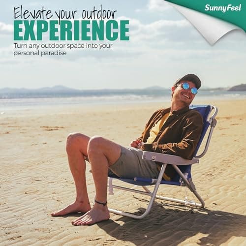 SUNNYFEEL Extra Wide 28" Low Beach Chair 5 Position Lay Flat, XL Oversized Portable Folding Camping Chairs with Cup Holder for Outdoor/Trip, Lightweight Foldable Backpack Beach Chair for Adults - Thumbnail 3