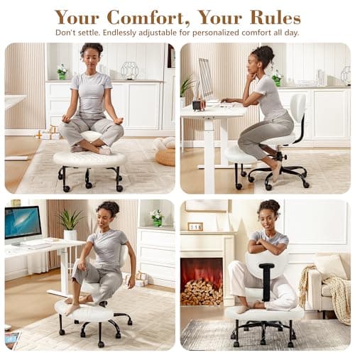 AtHope Ergonomic Cross Legged Office Chair with Wheels - Adjustable Height for Meditation, ADHD Desk & Yoga - Wide Criss Cross Design with Lumbar Support, Kneeling Chair - White - Thumbnail 4