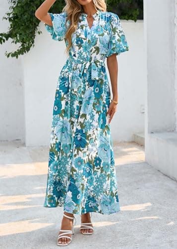 KIRUNDO Women Spring Summer Wedding Guest Boho Floral Maxi Dress Puff Sleeve Button Shirt V Neck Flowy Beach Vacation Dress(Blue Green, Small) - Thumbnail 4