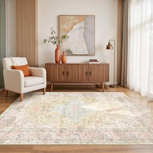 OHWPEAT 4x6 Area Rugs for Living Room, Bedroom, Small Washable Orange Rugs, Entryway Non Slip Rug, Neutral Floral Vintage Boho Soft Indoor Carpet for Nursery, Bathroom, Office