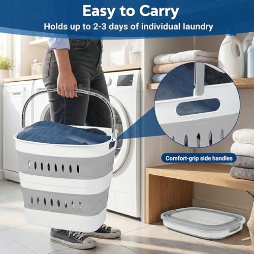 46L/12 Gal Collapsible Laundry Baskets, Foldable Hamper with Handles, Plastic Pop Up Storage Container for Laundry, Home, Dorm, Travel - Gray/White, Set of 2 - Thumbnail 5