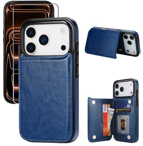 JOYAKI for iPhone 17 Pro Max Wallet Case with Screen Protector, Slim PU Leather Protective Case with Card Holder[RFID Blocking] Kickstand Cover 6.9“-Deep Blue