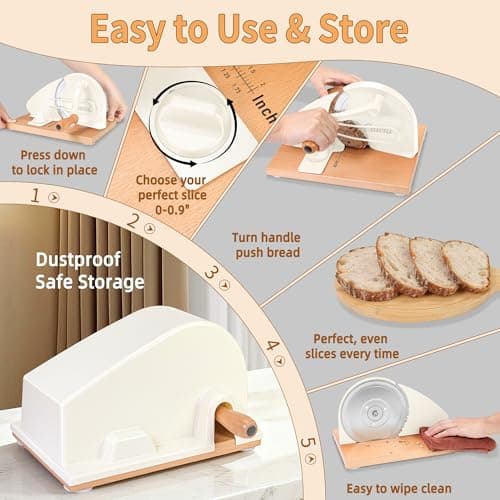 CAWIU Upgraded Manual Bread Slicer for Homemade Sourdough Bread - Adjustable Thickness Bread Cutter with Hand Crank, Suction Cups, Slicing Guide, Scale Line & Cover, for Perfect Even Slices (Cream) - Thumbnail 5