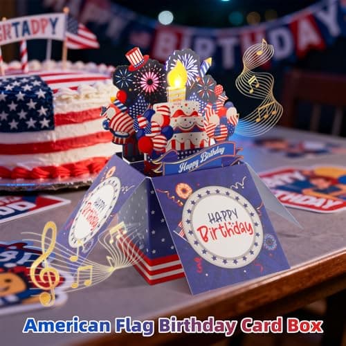 Happy Birthday Cards Fireworks, 250th Anniversary Birthday Card, American Flag Card, Lights, Music 3D Pop Up Birthday Cake Gift Card with Envelope & Note Tag for Veterans, Grandfathers, Fathers & Boys - Thumbnail 4