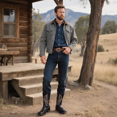Tarkwa Cowboy Boots for Men, Western Men's Boots, Slip on Square Toe Boots, Slip Resistant Country Boots, Chunky Heel Ankle, Durable Short Boots for Spring Fall, Black Szie 9.5 - Thumbnail 2