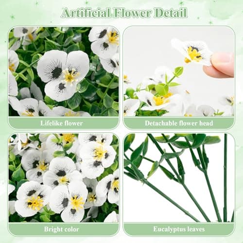 U'Artlines Artificial Flowers for Outdoors, 16 Bundles Fake Flowers Realistic Pansies Plants with Eucalyptus, UV Resistant Silk Flower for Outside Planter Porch Garden Patio - Thumbnail 5