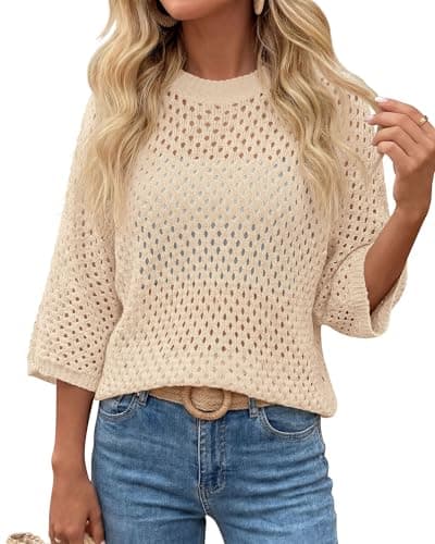 KIRUNDO Crochet Tops for Women Summer Batwing Sleeve Beach Sweater Lightweight Knit Cover Up Shirts Cruise Vacation Outfits(Beige, XX-Large) - Image 1