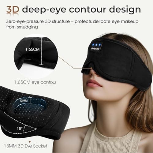 Sleep mask Headphones,100% Blackout 3D Zero Eye Pressure Bluetooth Sleep mask Breathable Eye mask with Bluetooth Headphones Sleep Headphones for Side Sleepers 14H Playtime&Bluetooth 5.4 Black - Thumbnail 3