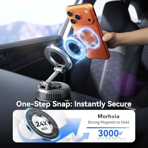Rorhxia Car Phone Holder for Magsafe, [Enjoy Convenience, Flexibility, Stability], Foldable Vacuum Magnetic Phone Mount for Dashboard Windshield for Your Car Fit iPhone 17/16/15/14/13/12 Pro Max - Thumbnail 4