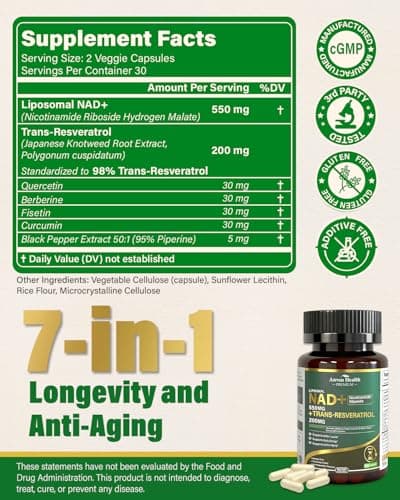 Liposomal NAD+ Resveratrol Supplement - NMN Alternative with Trans-Resveratrol, Quercetin & Fisetin - NAD Plus Booting for Women and Men, Support Cellular Energy & Healthy Aging, Non-GMO | 60 Capsules - Thumbnail 2