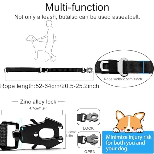 20” Strong Short Leash for Dog, Heavy Duty Bungee Dogs Leash with Padded Handle Car Seatbelt, Small Dog Training Leashs for Large or Medium Dogs - Can be Used with Other leashes (Black) - Thumbnail 2