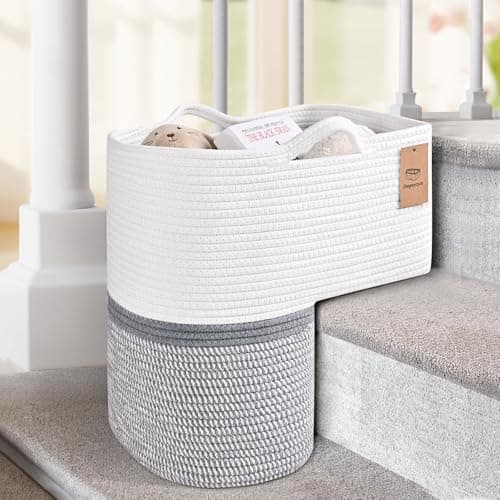 Degeyoyo Woven Stair Basket, Stair Baskets for Wooden Stairs, Carpeted Stairs Storage Basket with Handles, Staircase Baskets for Toys, Books, Gray, 15” L x 10” W x 15” H - Image 1