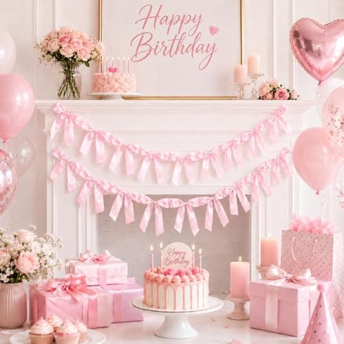 Pink Bow Garland Banner Coquette Birthday Party Decorations, 5.9FT Satin Bow Banner Decorations for Baptism Gift Daughter Nursery Baby Bridal Shower Wedding Favors Engagement Party Supplies - Thumbnail 4