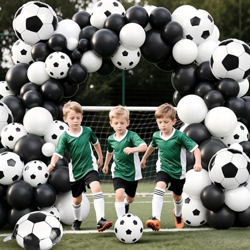 Soccer Balloon Garland Arch Kit, 18 12 10 5 Inch Black White Football Print Balloons with Soccer Foil Balloons for Soccer Sports Theme Birthday Party Decorations - Thumbnail 3