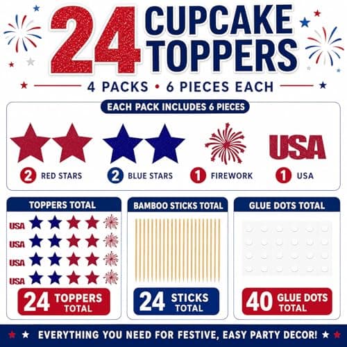 Oeyliz 4th of July Cupcake Toppers Independence Day Cupcake Toppers Patriotic Cupcake Topper 24Pcs Glitter Memorial Day Cupcake Picks Independence Day Cake Decorations for 4th of July Party Supplies - Thumbnail 5