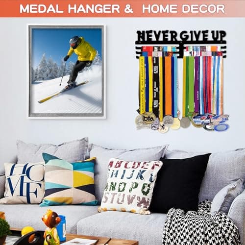 Bliocefo Medals Hanger Holder Display Steel Rack Hooks Wall Mount Frame Over 60 Medals-Sports Medal Hook Storage Organizer Never Give Up Ribbon with Easy Hanging Bars Black (NEVER GIVE UP.) - Thumbnail 4
