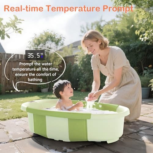 Collapsible Baby Bathtub - Large Baby Bath Tub with Thermometer & Cushion | Travel Portable Newborn Infant Bathtub | Foldable Toddler Bathtub for Baby 0 to 36 Months (Green) - Thumbnail 3