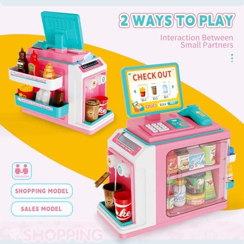 FS Kids Pretend Play Store Set with Toy Cash Register for Kids, 45 Piece Accessories Grocery Store Playset with Scanner, Food & Play Money & Ice Cream Maker for 3+ Kids 5-8 Girls, Pink - Thumbnail 2