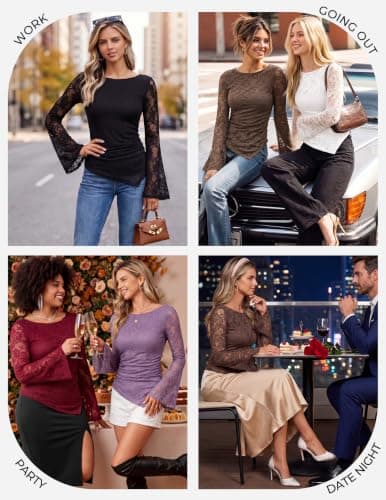 GRACE KARIN Womens Lace Top Sheer Bell Long Sleeve Ruched Asymmetrical Boho Western Clothes Fitted Mesh Peplum Tops Flowy, Coffee Rose, X-Large - Thumbnail 6