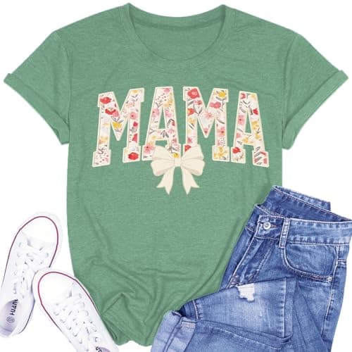 QIXYN Mama Shirts Bow Graphic Tee for Women Mother Gift Tops for Women