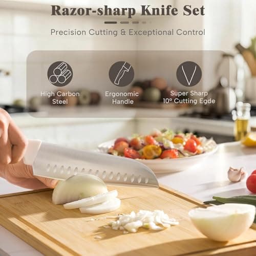 Knife Set, Astercook 22-Piece Kitchen Knife Set with Built-in Sharpener Block, High Carbon Stainless Steel Knives, Dishwasher Safe, Non-Slip Handle, Elegant Cream White Design, Perfect Holiday Gifts - Thumbnail 4