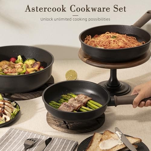 Astercook Non Stick Pots and Pans Set, Healthy Non-Toxic Titanium Induction Kitchen Cookware Sets for Cooking with Frying Pans, PFAS/PTFE/PFOA & PFOS Free, Black, 19 Pcs - Thumbnail 6